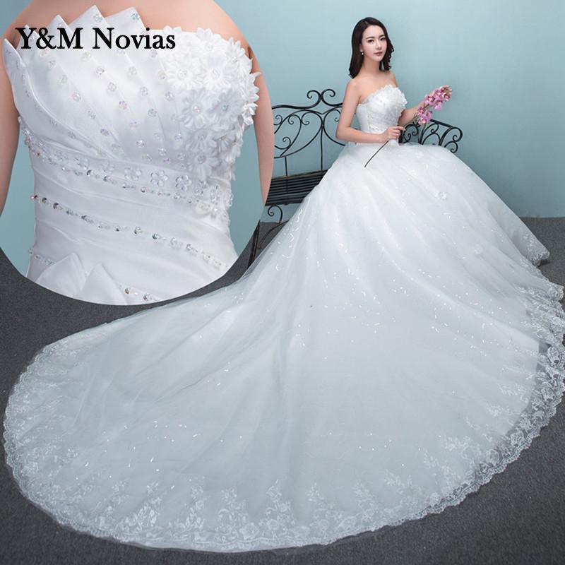 New Luxury Beading Brush Train Lace Up Wedding Dress Sexy Strapless Applique Customized Plus Size Bridal Gown Vestido De Noiva