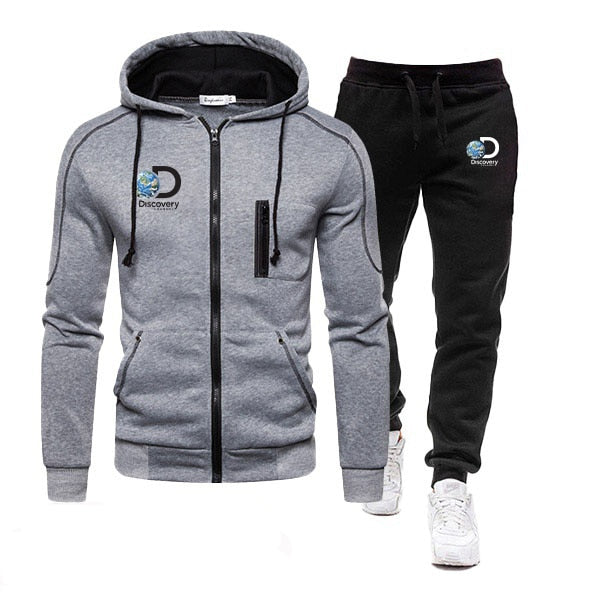 Discovery Channel Men's Zipper Hoodies Male Sweatshirt+Sweatpants Suit 2Pcs Warm Tracksuit Sets Men's Luxury Hoodies Outwear