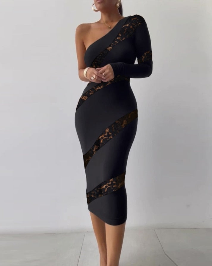 Sexy Women's Dresses 2022 Summer Contrast Lace One Shoulder Plain Long Sleeve Skinny Party Dress