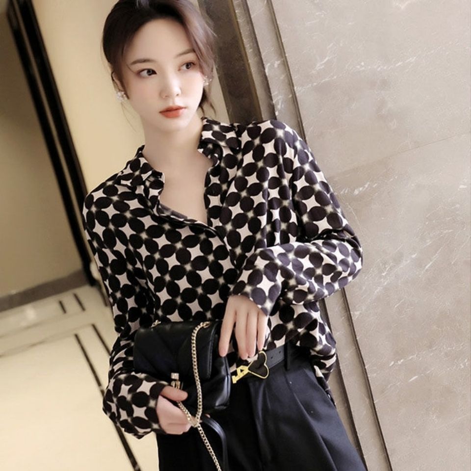 Office Lady Elegant Geometric Print Button Chiffon Shirt Spring Autumn 2022 Polo-Neck Long Sleeve Loose Blouse Women's Clothing