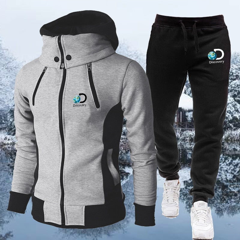 Discovery Channel Men's Zipper Hoodies Male Sweatshirt+Sweatpants Suit 2Pcs Warm Tracksuit Sets Men's Luxury Hoodies Outwear