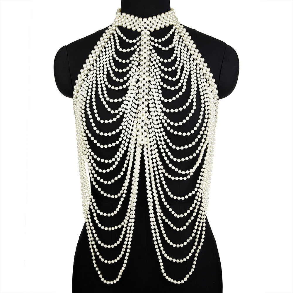 Women Pearl Shawl Necklaces Body Chain Sexy Beaded Collar Shoulder Pearl Bra Top Sweater Chain Wedding Dress Body Jewelry