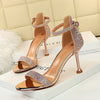 Gladiator Women Heels New Summer Fashion Ankle Strap Crystal Lace-Up Open Toe High Heels Gold Heels for Women Sandals
