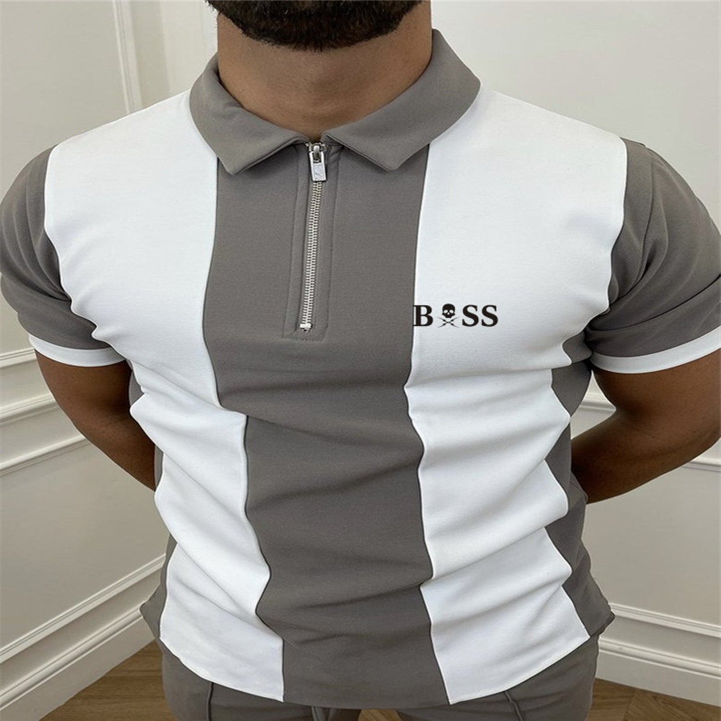 2023 New Trend Men's Fashion Lapel Shirt short sleeves Men's Stitching Casual Sport T-shirt Tops US Size