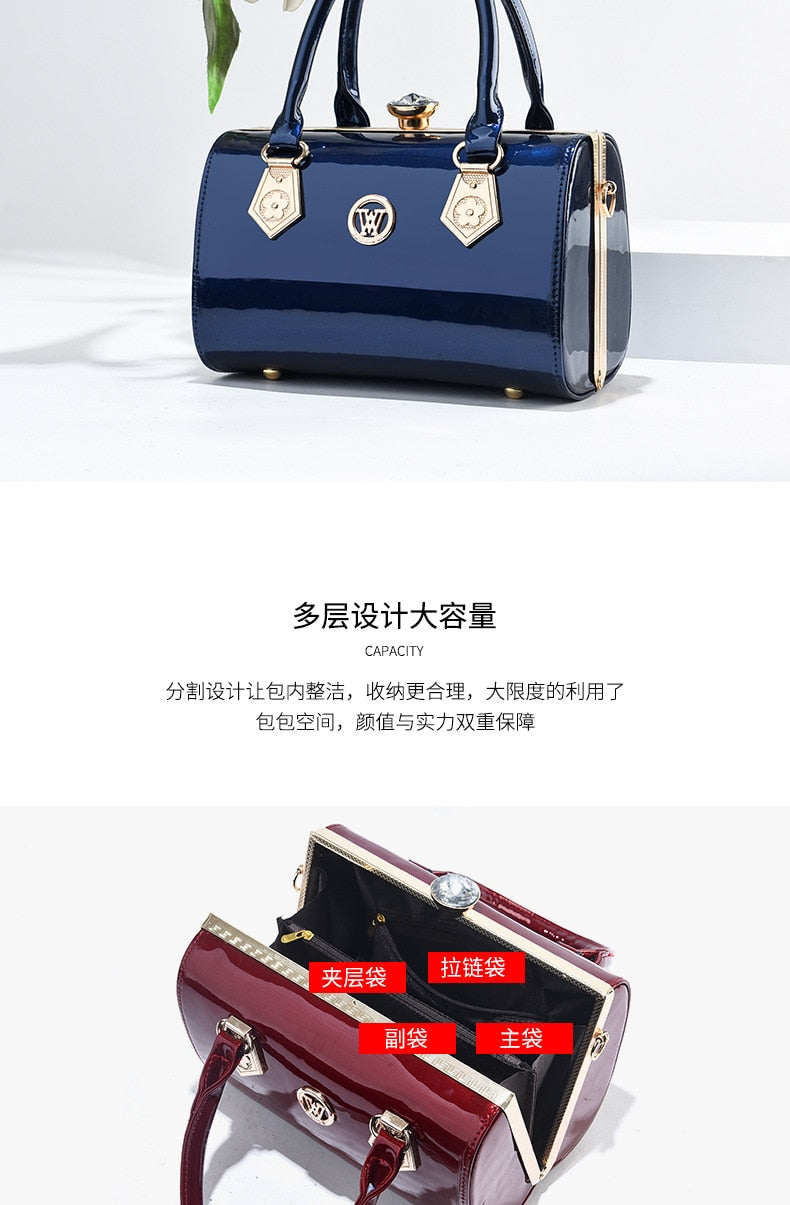 New Luxury Patent Leather Women'S Bags Europe Diamond Ladies Handbags Bright Shoulder Bag Famous Brand Ladies Wedding Party Bags