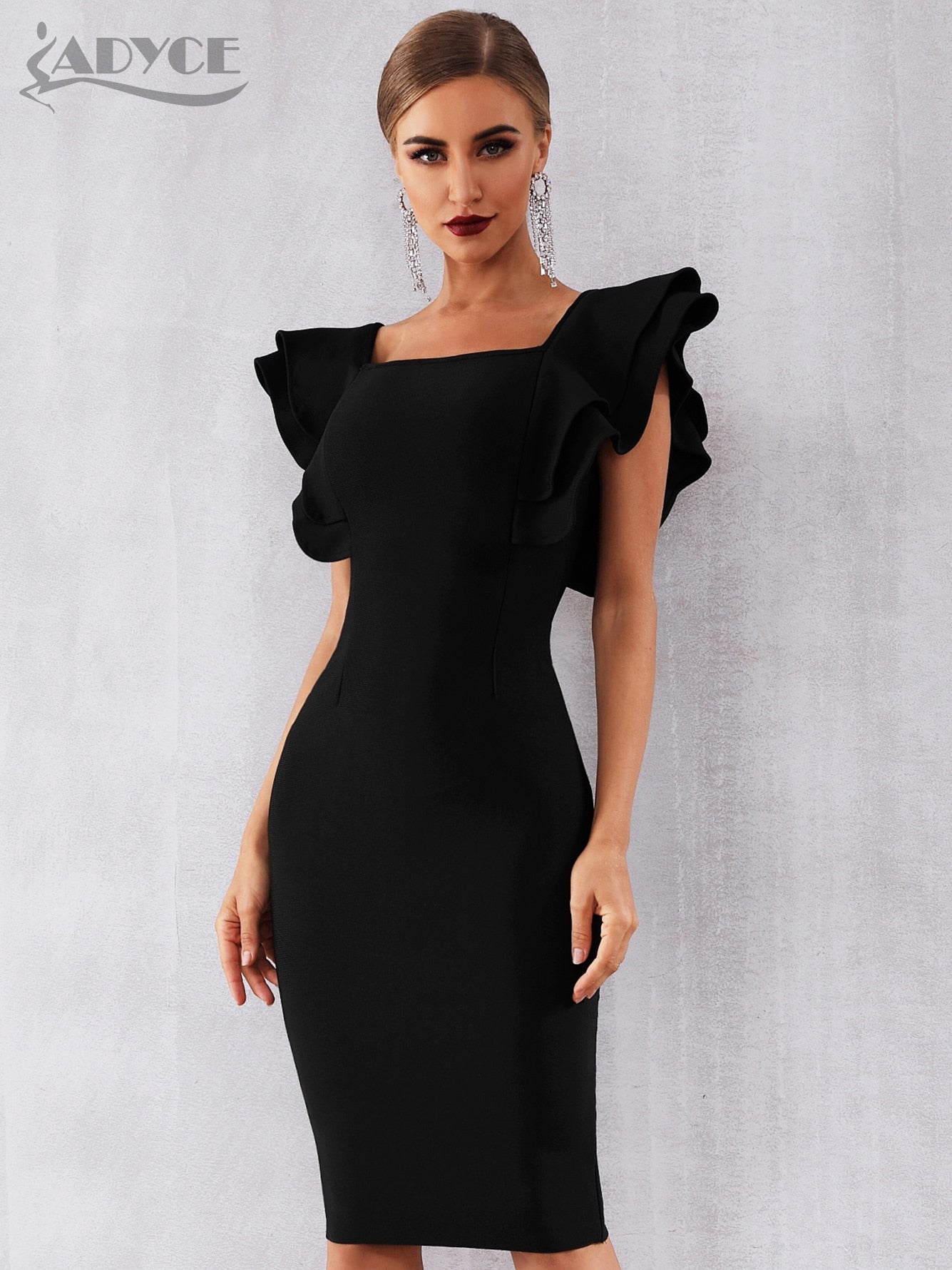 Adyce 2022 New Summer Women Black Bodycon Bandage Dress Sexy Ruffles Butterfly Sleeve Club Celebrity Evening Runway Party Dress