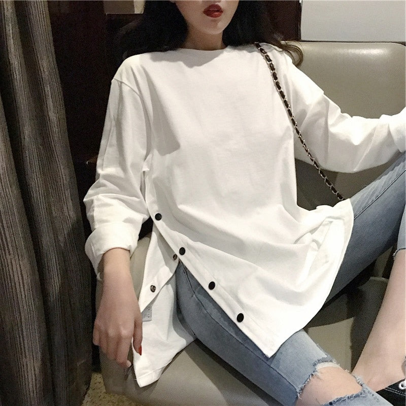 2022 spring Split Side Button White black Long Tshirt O-Neck Women shirts autumn Arrival Harajuku solid oversized T shirt tops