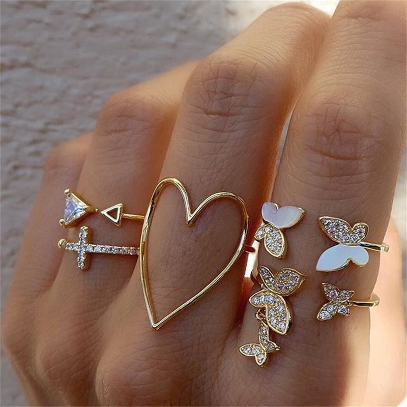 Boho Gold 22pcs Heart Rings Set For Women Vintage Geometric Cross Pearl Butterfly Finger Rings Women's 2022 Trendy Jewelry Gift