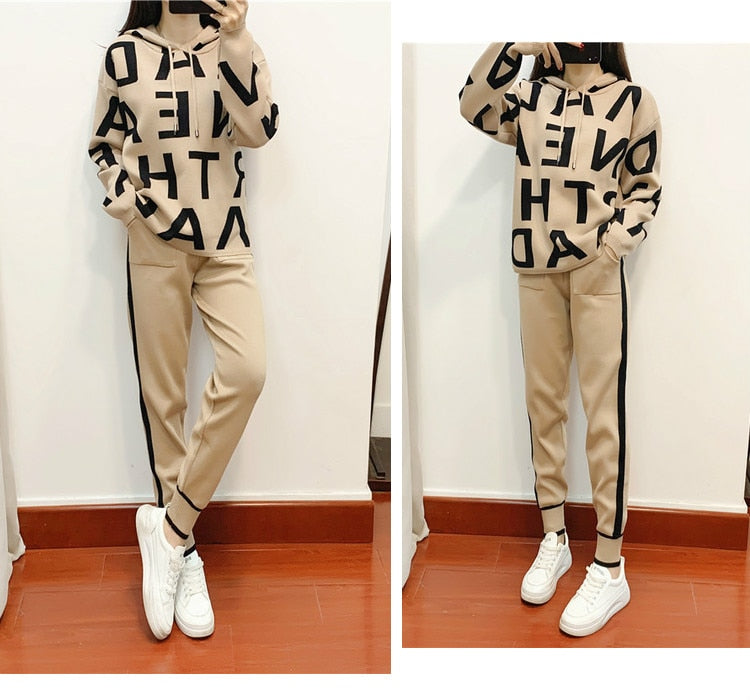 Fashion Autumn Women 2 Pieces Sets Casual Letter Print Patchwork Loose Knitted Sweater Sports Harlan Pants Suits Spring