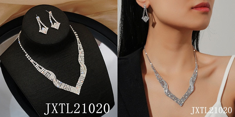 Bride Wedding Dress Necklace Earring Set Simple Full Diamond Super Flash Rhinestone Necklace Jewelry Advanced Accessories