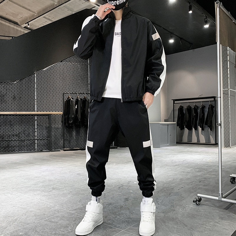 Men Sportswear Set Spring Autumn Set Mens Tracksuit Patchwork Hip Hop Sweatshirt+Pants Male Casual Jacket Streetwear Track Suit