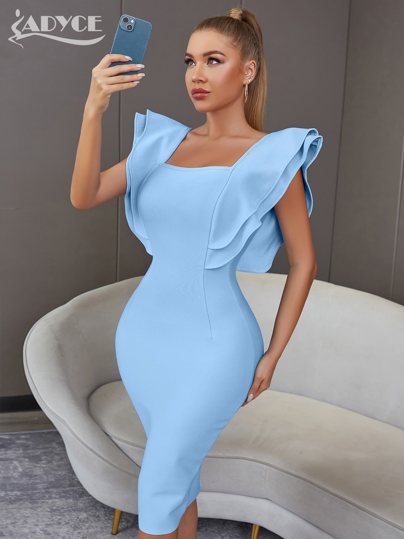 Adyce 2022 New Summer Women Black Bodycon Bandage Dress Sexy Ruffles Butterfly Sleeve Club Celebrity Evening Runway Party Dress