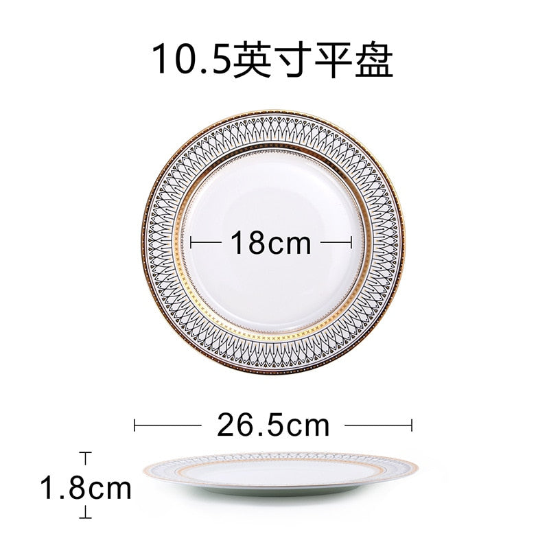 Restaurant Bone Porcelain Western Food Plate Decoration Plate Gold Lace Stamens Tableware Set Steak Plate Flat Bowl Soup Plate