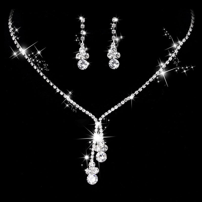 New Fashion Crystal Bride 2 Piece Set Rhinestone Wedding Dress Party Necklace Earring Set Women's High Grade Jewelry Gift