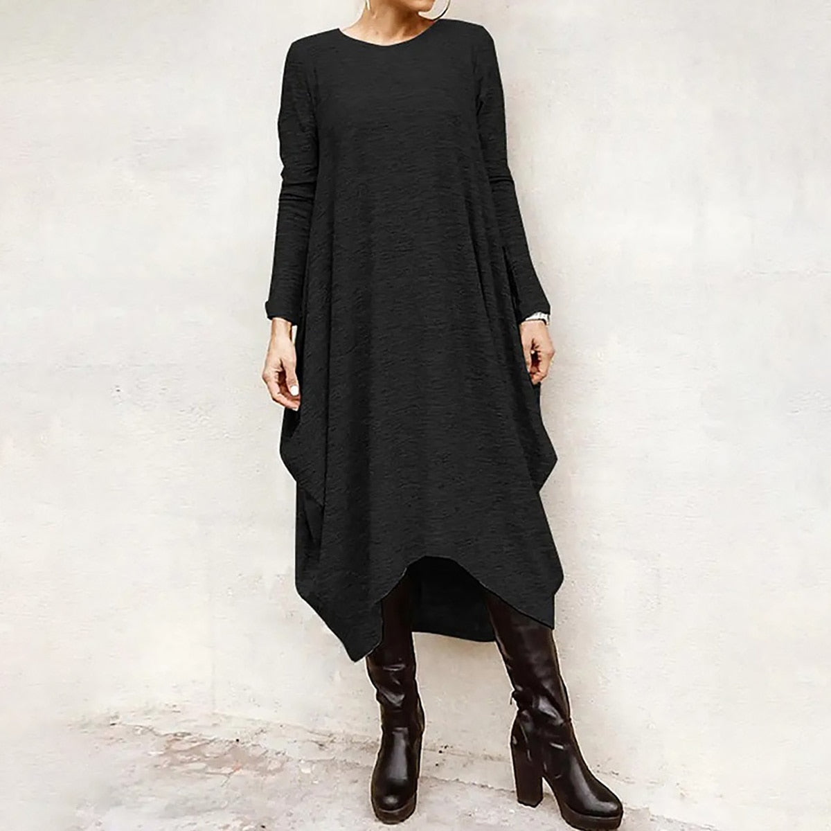 Oshoplive New Autumn 2021 Hot Sale Casual Irregular Vintage Dress Women Simple Solid Color Round-Neck Long Sleeves Midi Dress