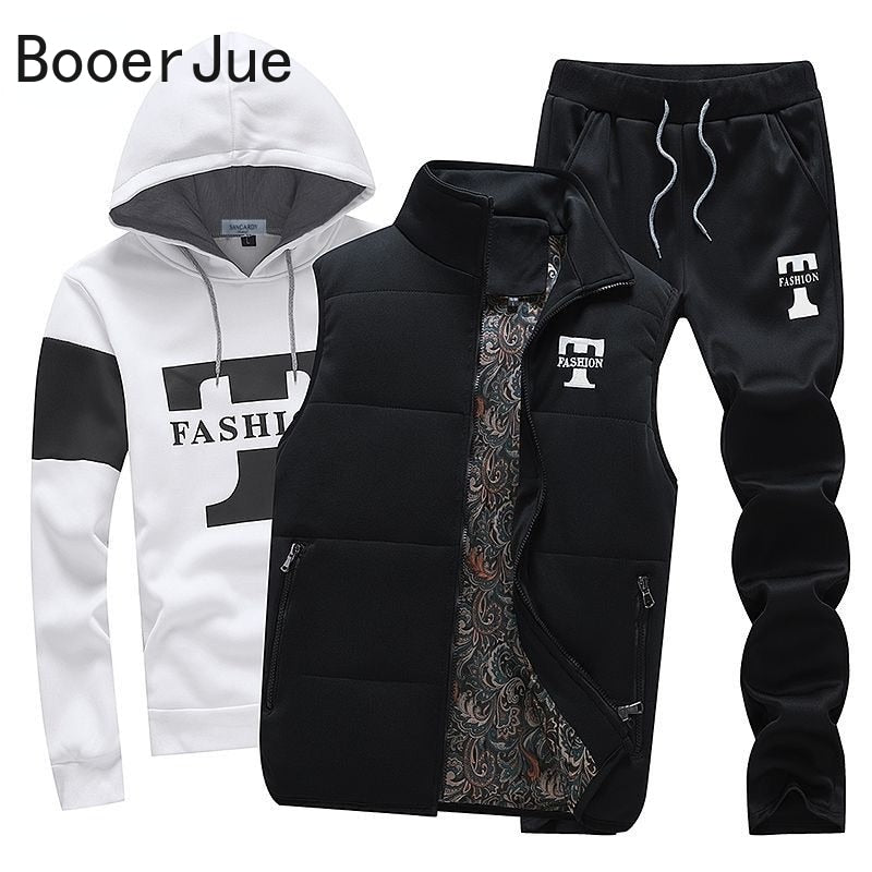 Men's Track Suit 3 Pieces Set Hoodies+Vest+Pants Casual Clothing Coats Winter Thick Warm Tracksuit for Men Printed Mens Set Vest