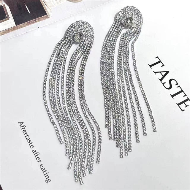 Europe And America New Exaggerated Full Rhinestone Tassel Earrings For Women Party Wedding Statement Jewelry Long Earings Gifts