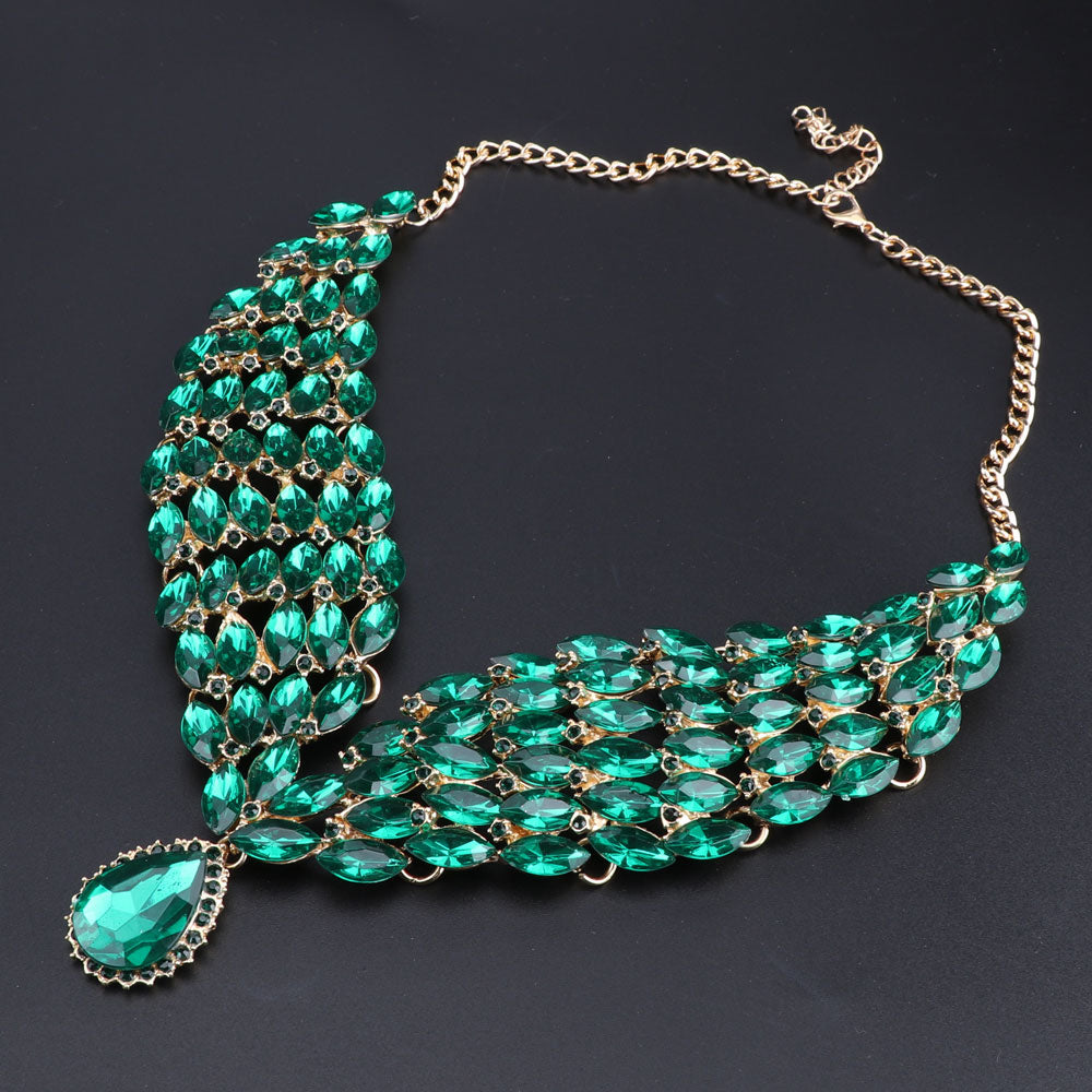 GREEN EMERALD CRYSTAL NECKLACE AND EARING SET WOMEN