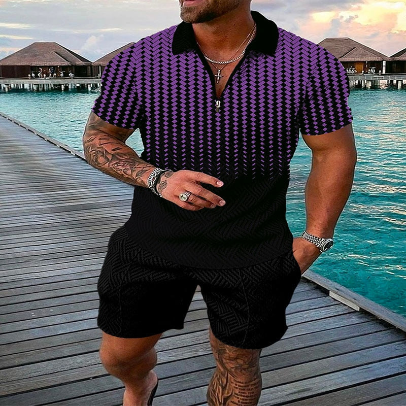 Men's Suit 3D Color Stitching Print Summer Short Sleeve Polo Shirt Shorts Suit Fashion Zipper Polo Shirt Two Piece Set New