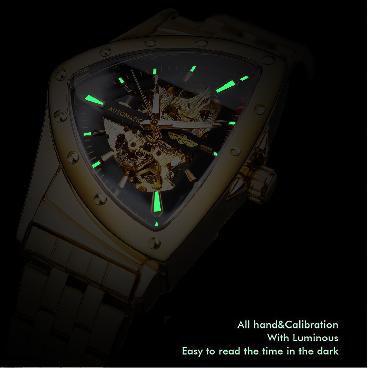 Winner Golden Stainless Steel Watch Steampunk Swiss Design Mens Triangle Skeleton Transparent Automatic Mechanical Male Watches