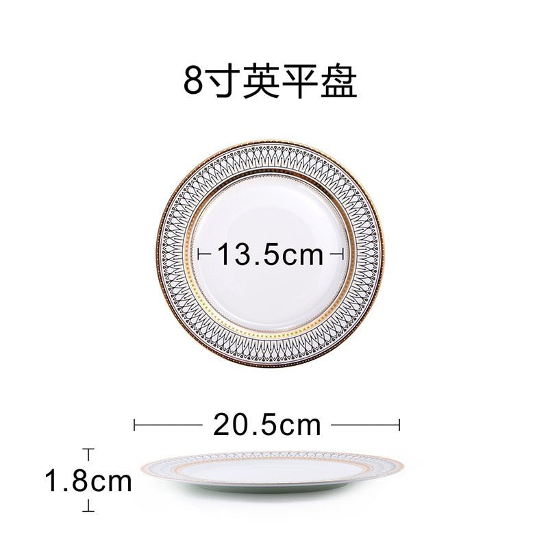 Restaurant Bone Porcelain Western Food Plate Decoration Plate Gold Lace Stamens Tableware Set Steak Plate Flat Bowl Soup Plate