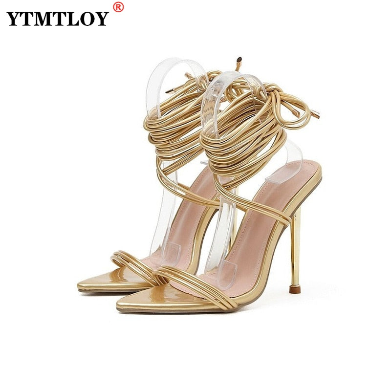 Women's Sexy High Heels Plus Size Sandals Female Cross-Tied Pointed Toe Summer Red Party Shoes Ladies Fashion Footwear