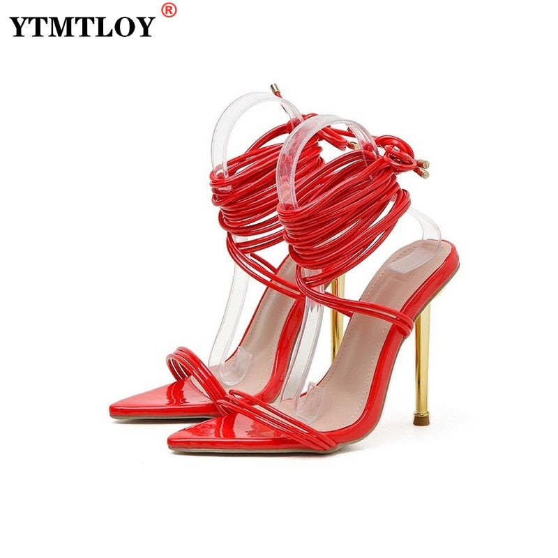 Women's Sexy High Heels Plus Size Sandals Female Cross-Tied Pointed Toe Summer Red Party Shoes Ladies Fashion Footwear