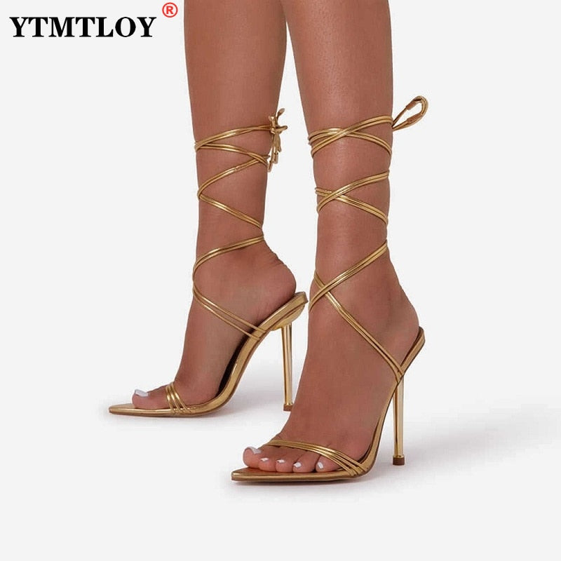 Women's Sexy High Heels Plus Size Sandals Female Cross-Tied Pointed Toe Summer Red Party Shoes Ladies Fashion Footwear