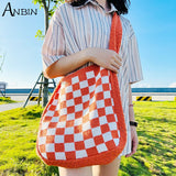 Korean Trend Women's Bag Female Shoulder Checker Plaid Design Knit Handbag Hobos Vintage Fashion Crochet Shopper Crossbody Bag
