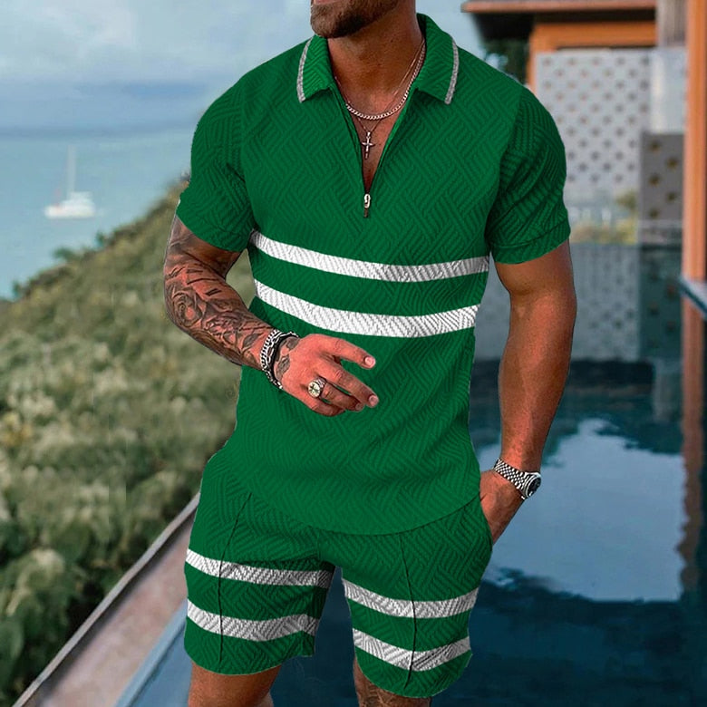 2022 Summer Men's Sportswear Suit Plaid printed short sleeve Zipper Polo Shirt Suit Vacation suit 2 pieces