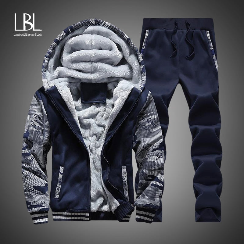 Winter Inner Fleece Hoodies Men 2020 Casual Hooded Warm Sweatshirts Male Thicken Tracksuit 2PC Jacket+Pant Men Moleton Masculino