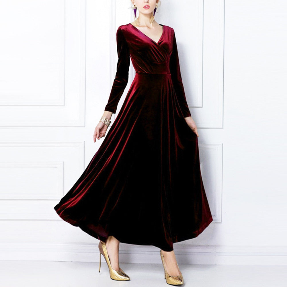 Autumn Winter Long Sleeve V Neck Pleated Banquet Party Maxi Dress Women's Elegant Vintage Sheath Bodycon Pencil Velvet Dress