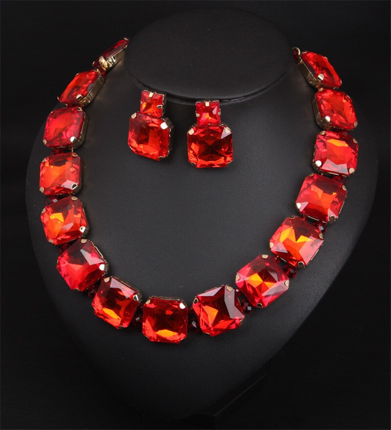 Bohemian Geometric Red Crystal Bridal Wedding Jewelry Sets For Women Statement Rhinestone Gold Color Clavicle Luxury Jewelry