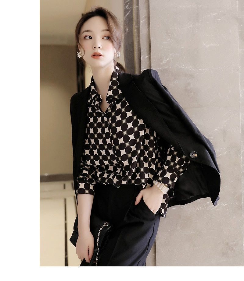 Office Lady Elegant Geometric Print Button Chiffon Shirt Spring Autumn 2022 Polo-Neck Long Sleeve Loose Blouse Women's Clothing