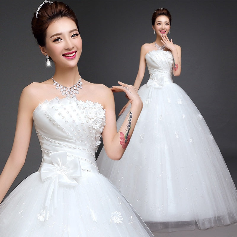 New Luxury Beading Brush Train Lace Up Wedding Dress Sexy Strapless Applique Customized Plus Size Bridal Gown Vestido De Noiva