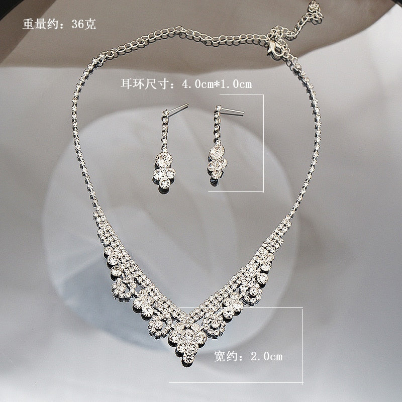 Bride Wedding Dress Necklace Earring Set Simple Full Diamond Super Flash Rhinestone Necklace Jewelry Advanced Accessories