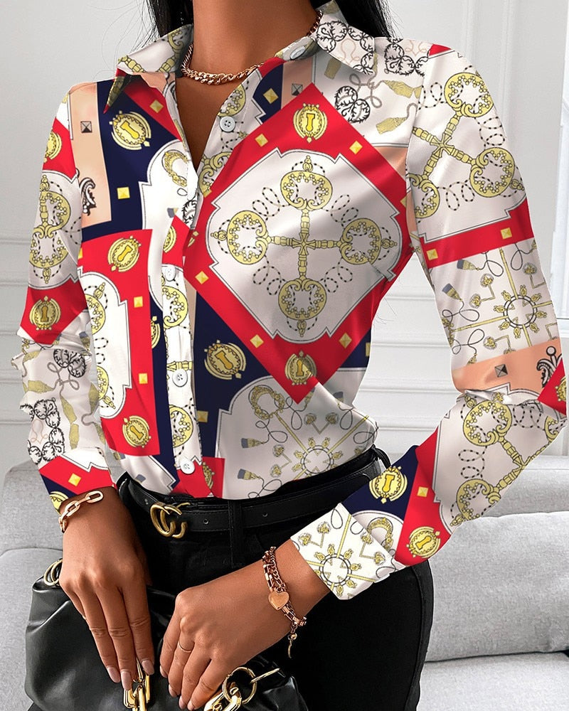 Blouses Woman Casual Office Print Shirts Autumn Fashion Button Long Sleeve White Shirt Elegant Patchwork Slim Tops Women 2022