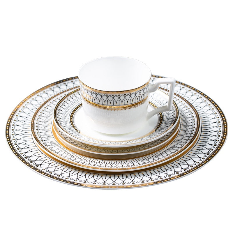 Restaurant Bone Porcelain Western Food Plate Decoration Plate Gold Lace Stamens Tableware Set Steak Plate Flat Bowl Soup Plate