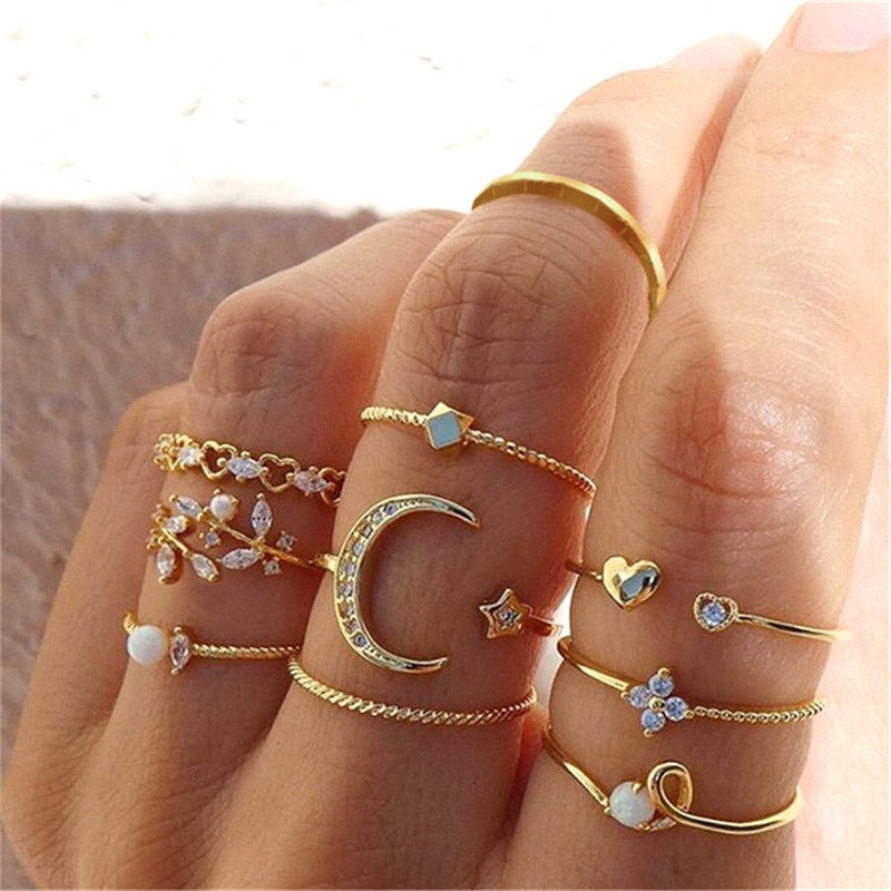 Boho Gold 22pcs Heart Rings Set For Women Vintage Geometric Cross Pearl Butterfly Finger Rings Women's 2022 Trendy Jewelry Gift