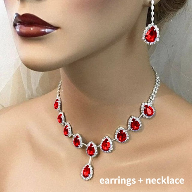 Bohemian Geometric Red Crystal Bridal Wedding Jewelry Sets For Women Statement Rhinestone Gold Color Clavicle Luxury Jewelry