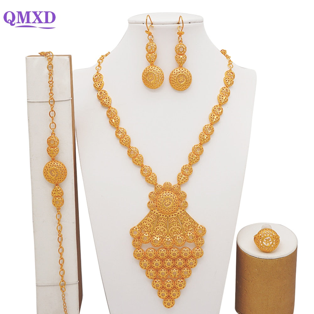 Luxury Dubai Gold Color Jewelry Sets African Bridal Wedding Flower Jewelry Sets Necklace Bracelet Earrings Ring Set Lady Gift