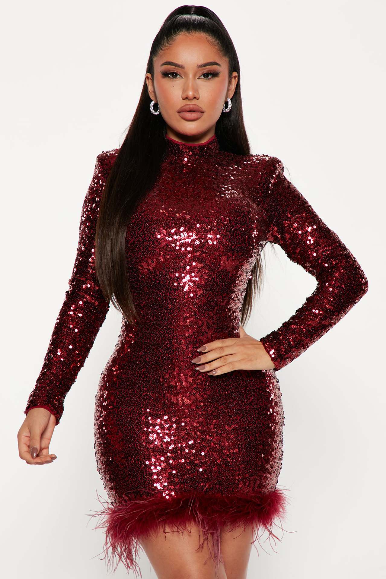 Felyn 2022 High Quality New Design Dress Solid Sequins Feather O-neck Long Sleeve Sexy Party Mini Dress Vestidos