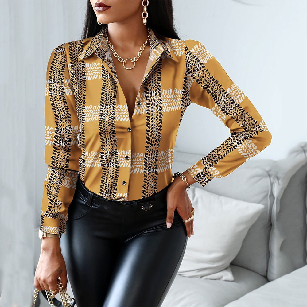 Blouses Woman Casual Office Print Shirts Autumn Fashion Button Long Sleeve White Shirt Elegant Patchwork Slim Tops Women 2022