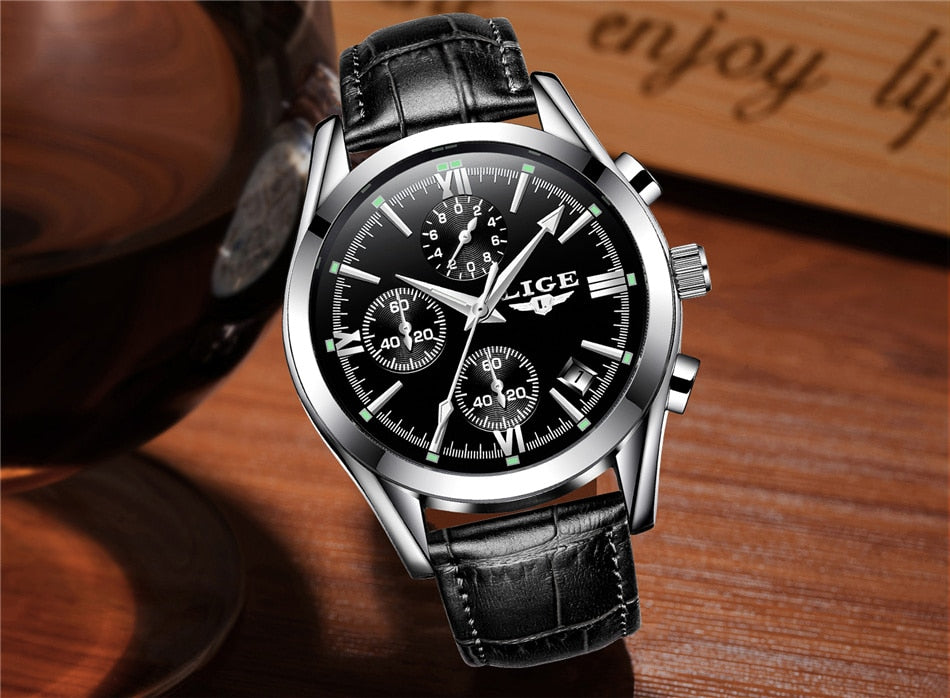 2022 LIGE New Fashion Mens Watches Top Brand Luxury Military Quartz Watch Premium Leather Waterproof Sport Chronograph Watch Men