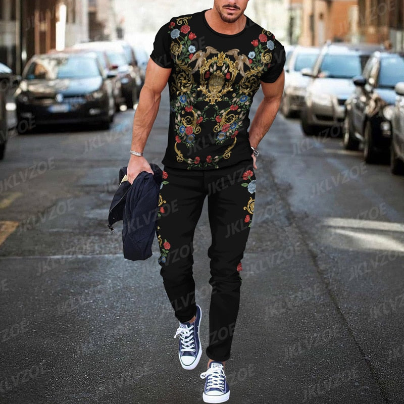 2022 Summer New Arrivals Men's Pants Sports Suit 2PCs 3D Printing Trend Luxury Short Sleeve Tshirt+Pants Street Fashion Set