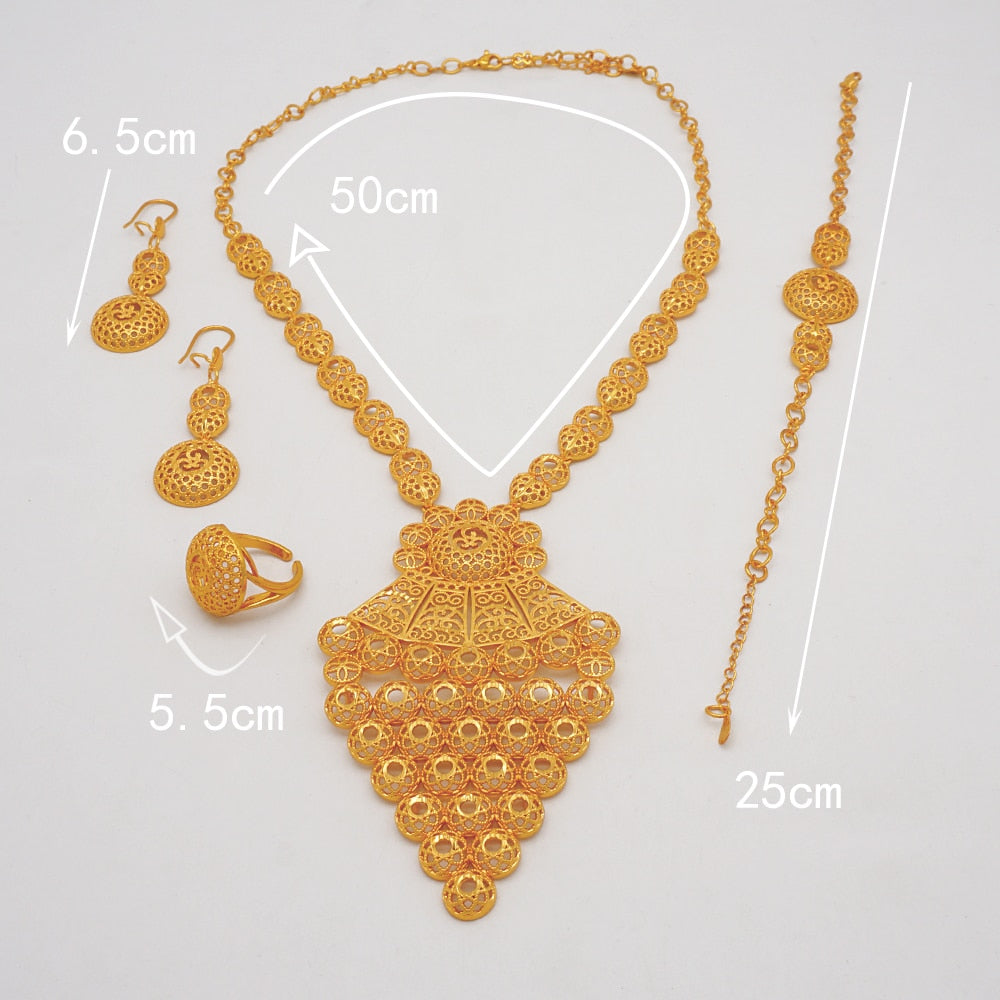 Luxury Dubai Gold Color Jewelry Sets African Bridal Wedding Flower Jewelry Sets Necklace Bracelet Earrings Ring Set Lady Gift