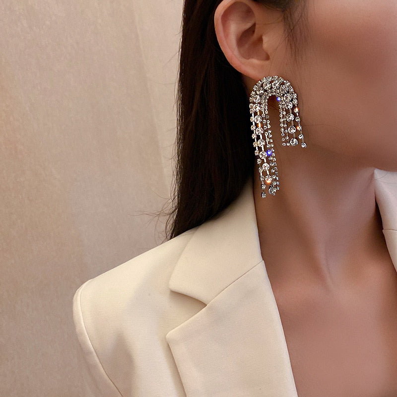 Europe And America New Exaggerated Full Rhinestone Tassel Earrings For Women Party Wedding Statement Jewelry Long Earings Gifts