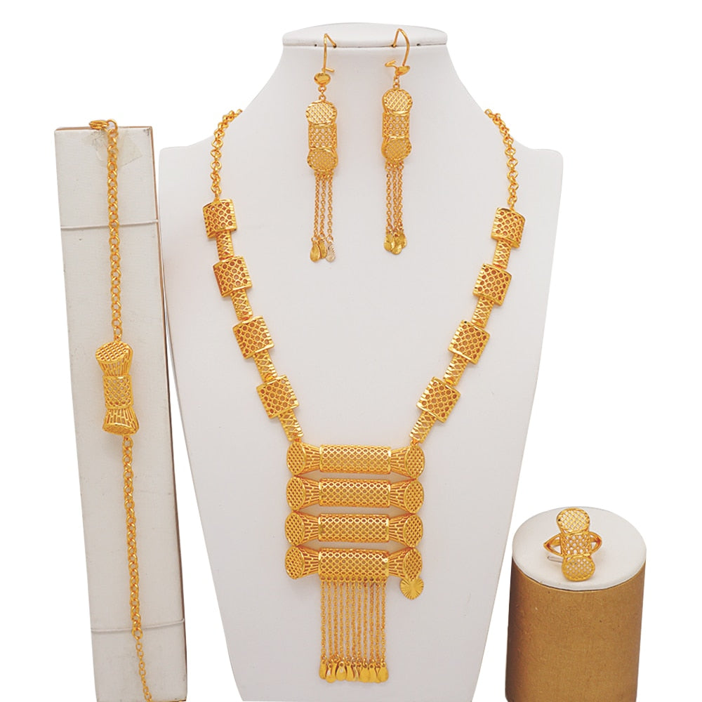 Luxury Dubai Gold Color Jewelry Sets African Bridal Wedding Flower Jewelry Sets Necklace Bracelet Earrings Ring Set Lady Gift