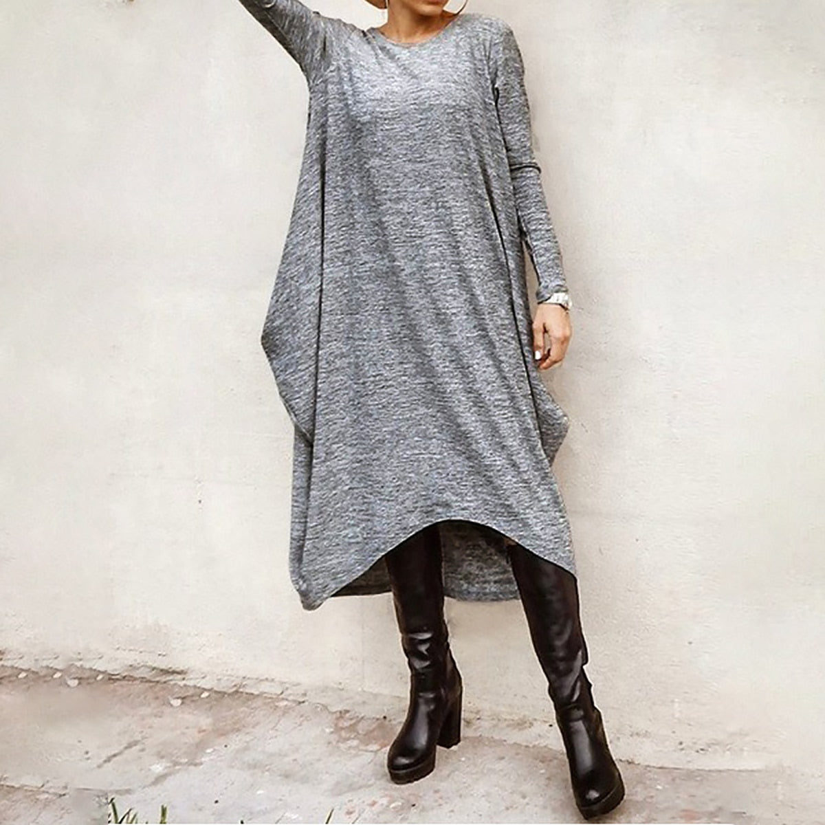 Oshoplive New Autumn 2021 Hot Sale Casual Irregular Vintage Dress Women Simple Solid Color Round-Neck Long Sleeves Midi Dress