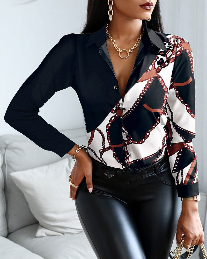 Blouses Woman Casual Office Print Shirts Autumn Fashion Button Long Sleeve White Shirt Elegant Patchwork Slim Tops Women 2022